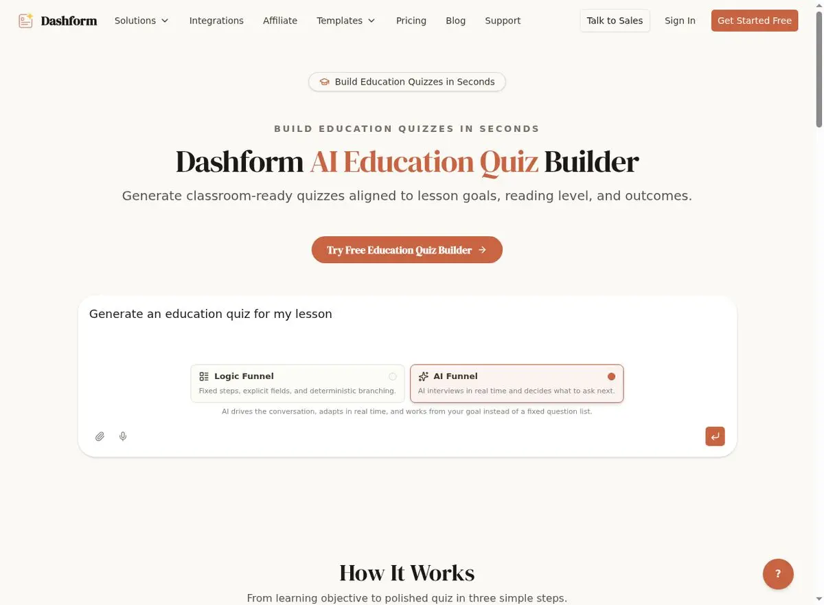 Dashform AI Education Quiz Builder interface for creating classroom-ready assessments aligned to learning goals