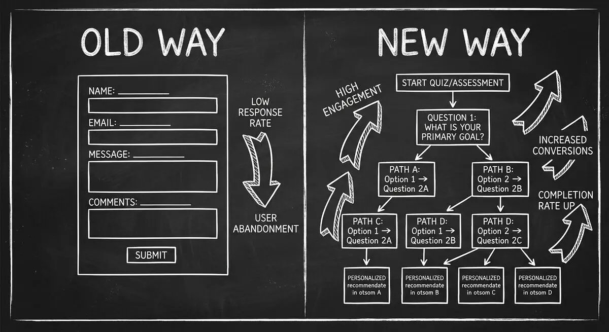 Comparison of old static form intake vs new interactive quiz funnel for B2B lead qualification