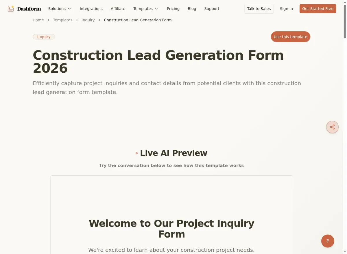 Dashform Construction Lead Generation Form template page screenshot