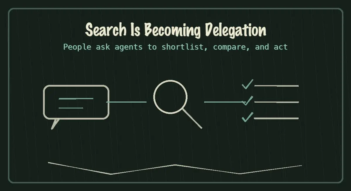 Chalkboard sketch showing search turning into delegated AI agent action