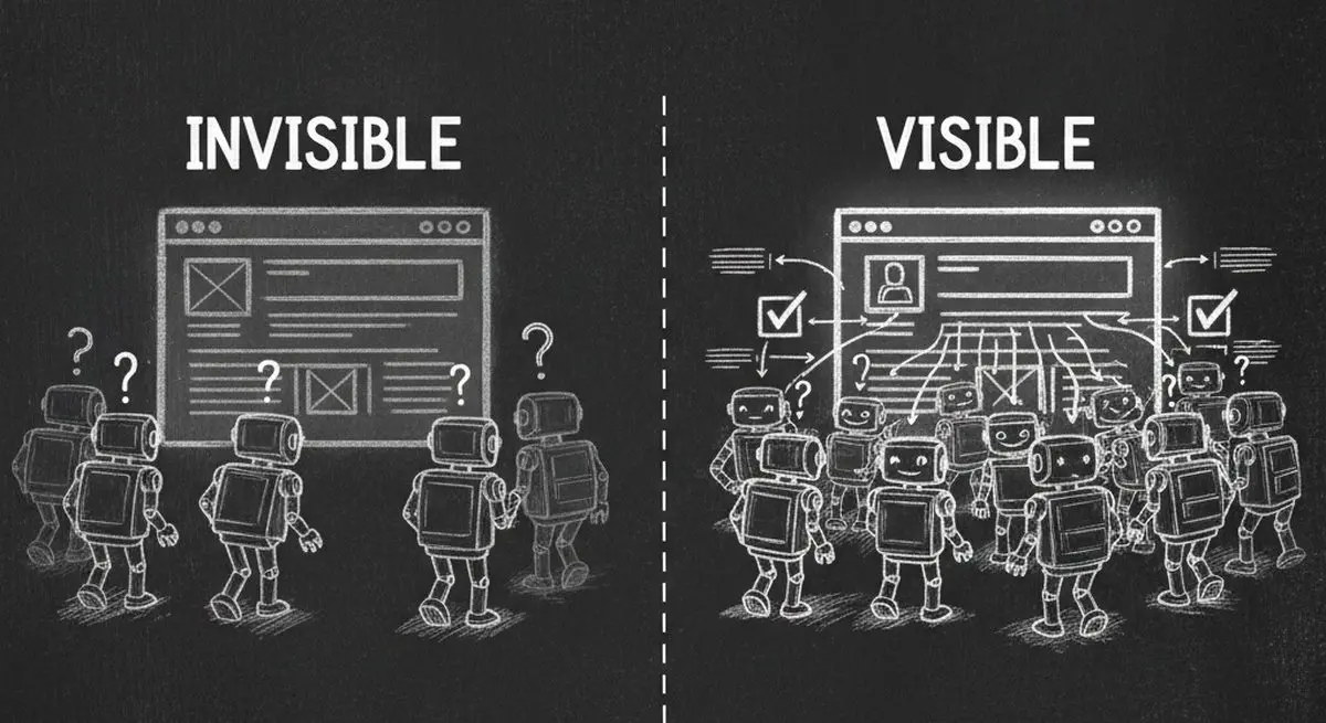 Chalkboard illustration showing invisible ghost website vs glowing visible website discovered by AI agents