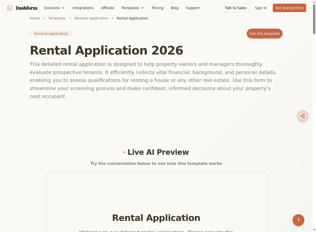 Dashform Rental Application template page screenshot