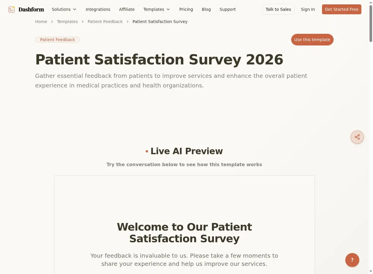 Dashform Patient Satisfaction Survey template page screenshot