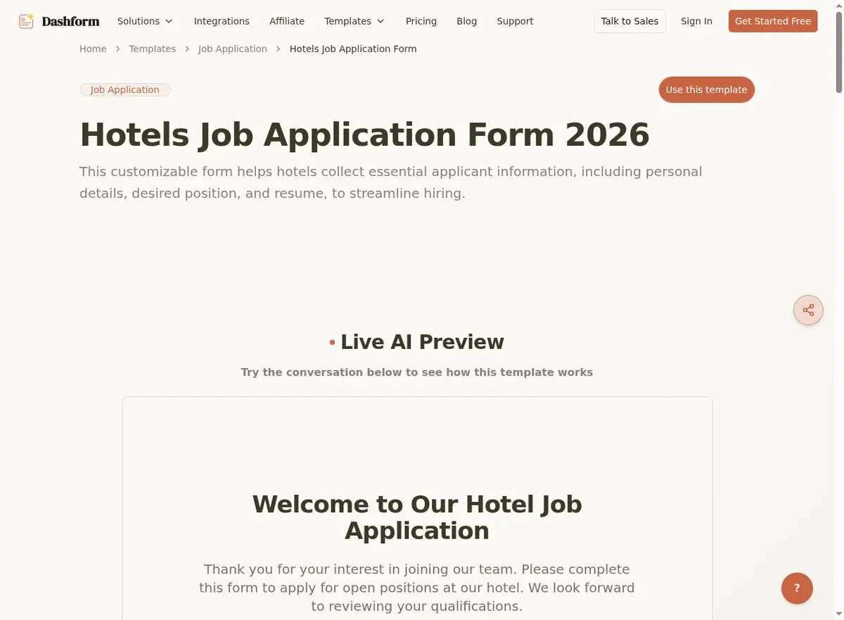 Dashform Industry-Specific Application Form template page screenshot