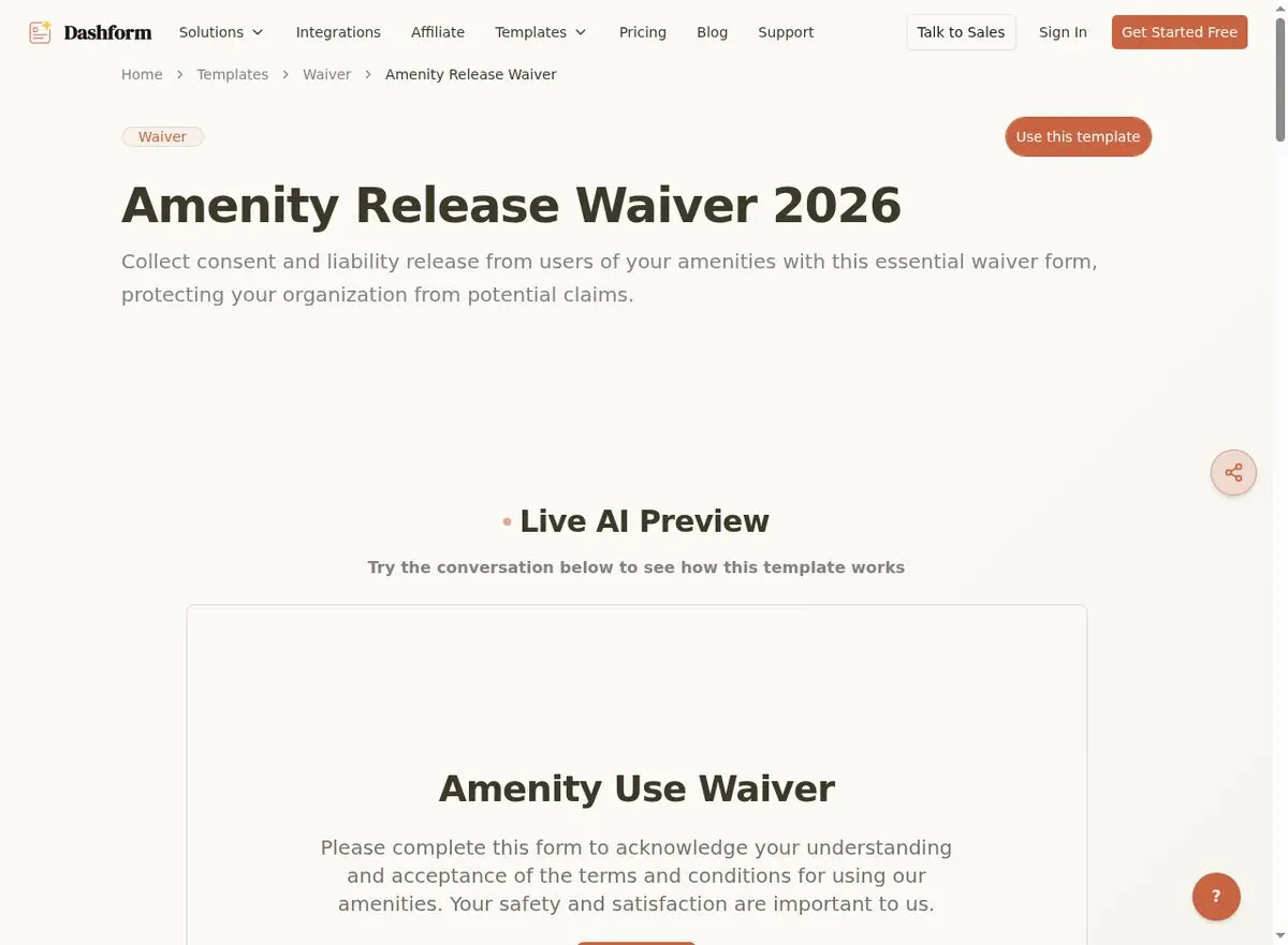 Dashform Amenity Release Waiver template page screenshot