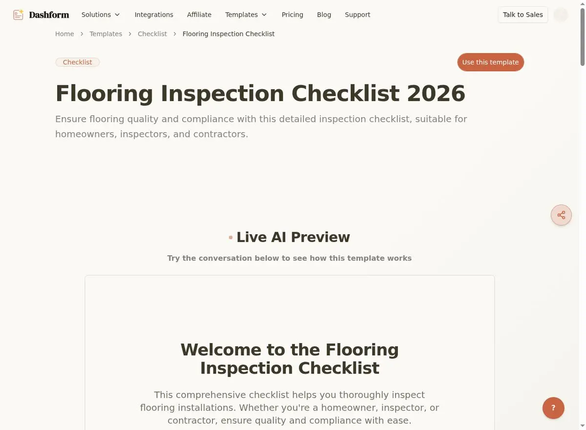 Dashform Flooring Inspection Checklist template page screenshot