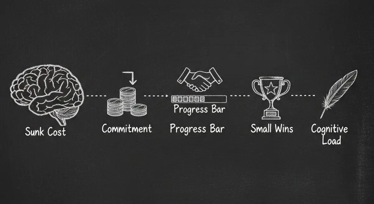 Chalkboard illustration showing brain with psychology concepts: Sunk Cost, Commitment, Progress Bar, Small Wins, Reduced Cognitive Load