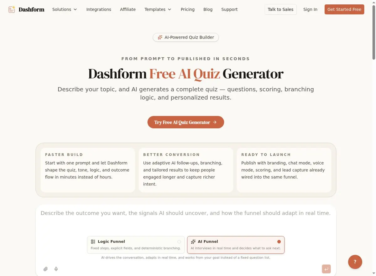 Dashform AI Quiz Generator for creating lead generation quizzes and knowledge check assessments