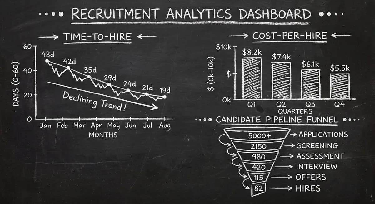 Recruitment analytics dashboard showing improved time-to-hire and cost metrics