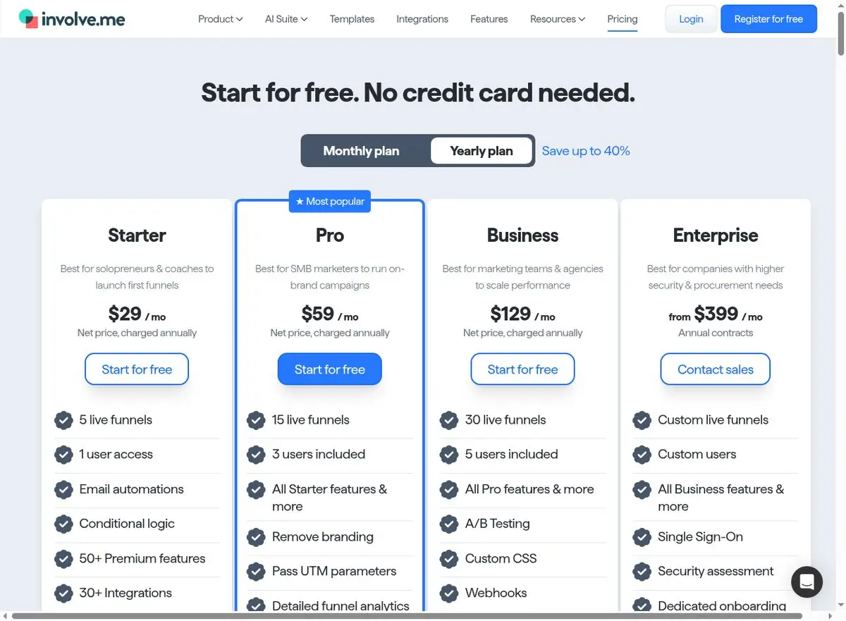 involve.me pricing — plans range from Free to $399/month