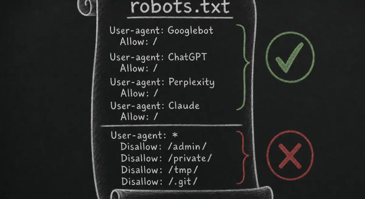 robots.txt scroll showing allowed AI user agents with check marks