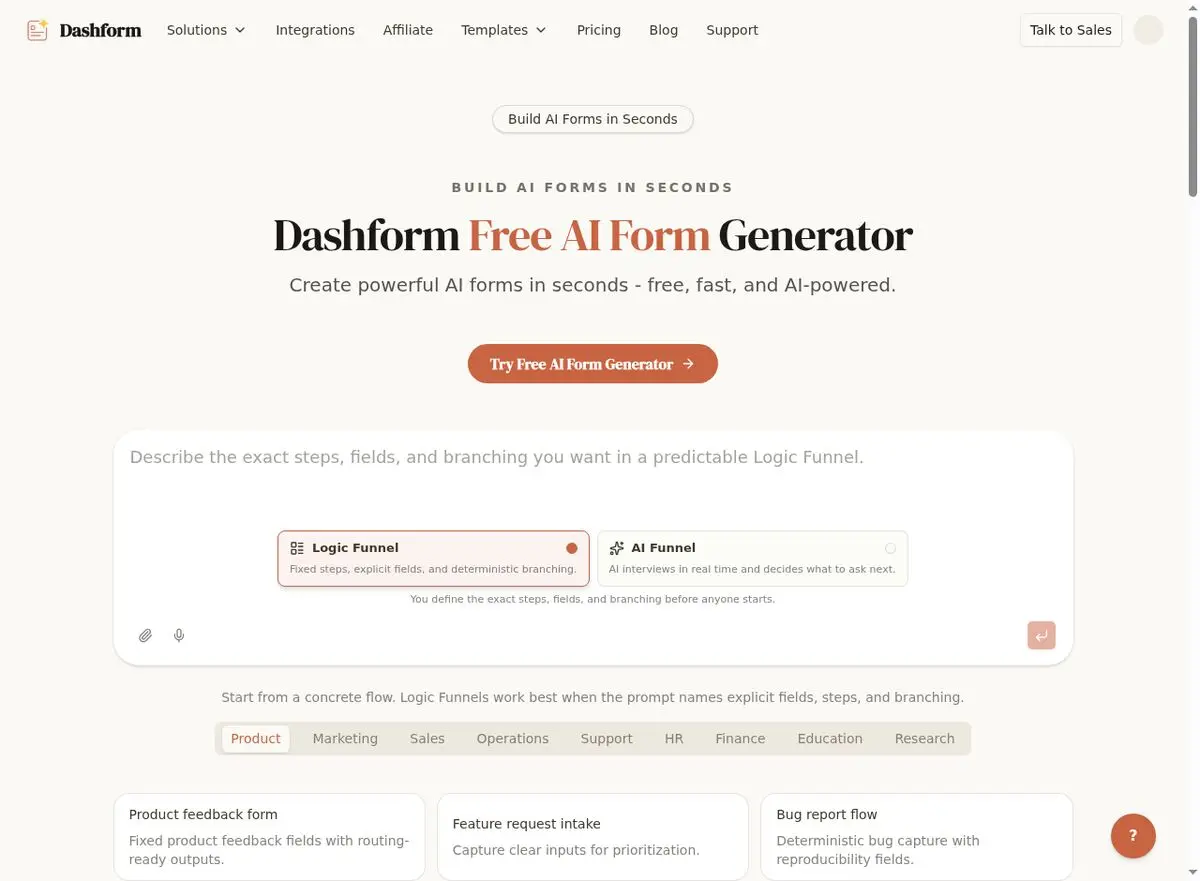Dashform AI Form Generator for creating branded contact and landing page forms