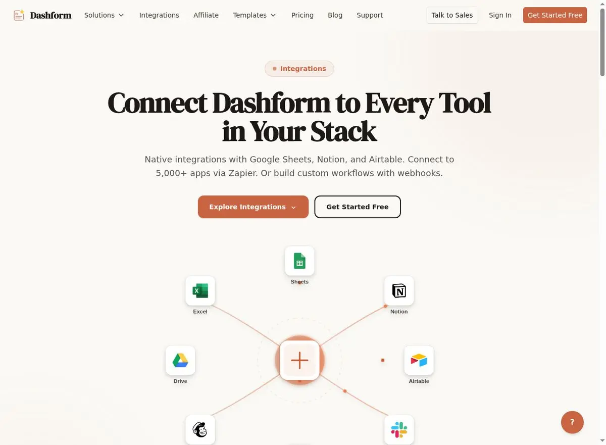 Dashform integrations page showing connections to Google Sheets, Notion, Airtable, Zapier, Slack and more CRM tools