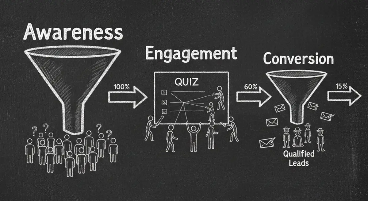 Chalkboard illustration showing quiz marketing funnel with Awareness, Engagement, and Conversion stages