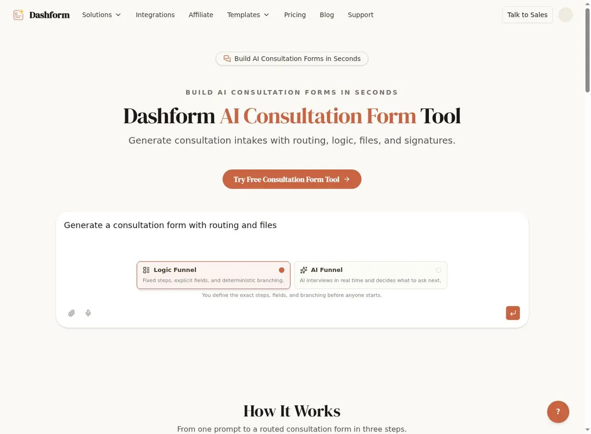 Dashform AI Consultation Form Tool interface for creating pre-review questionnaires for annual insurance policy reviews