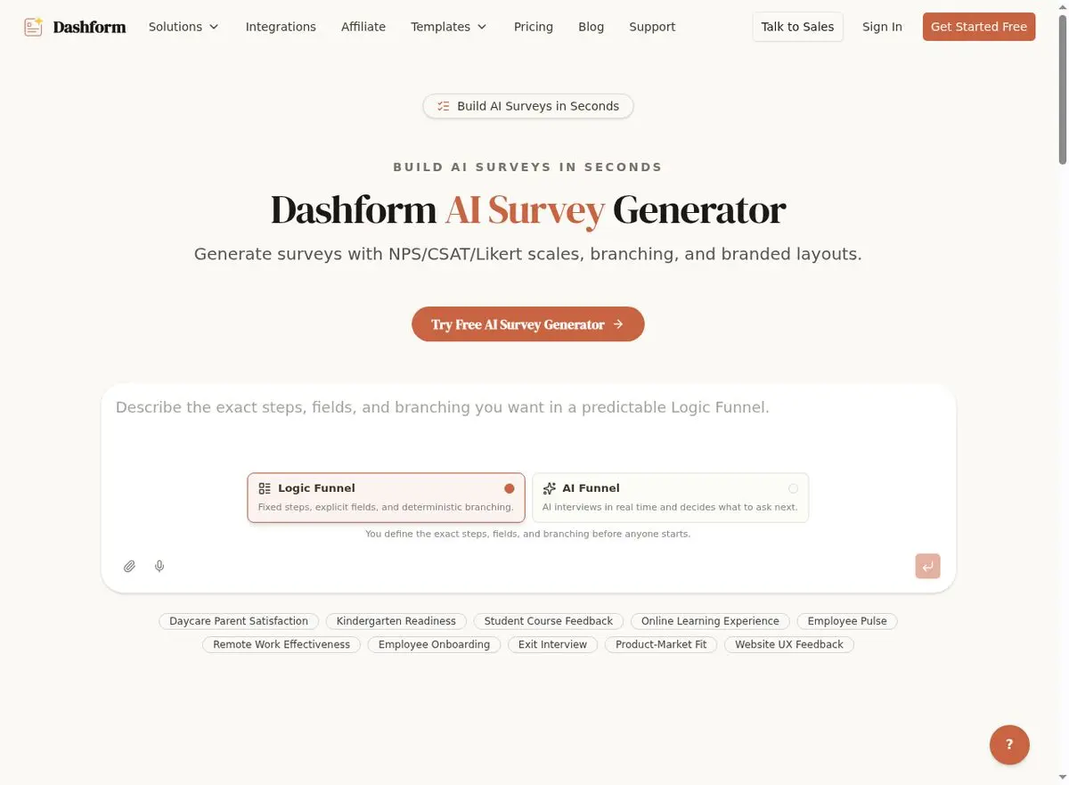 Dashform AI Survey Generator for student feedback with NPS and satisfaction scales