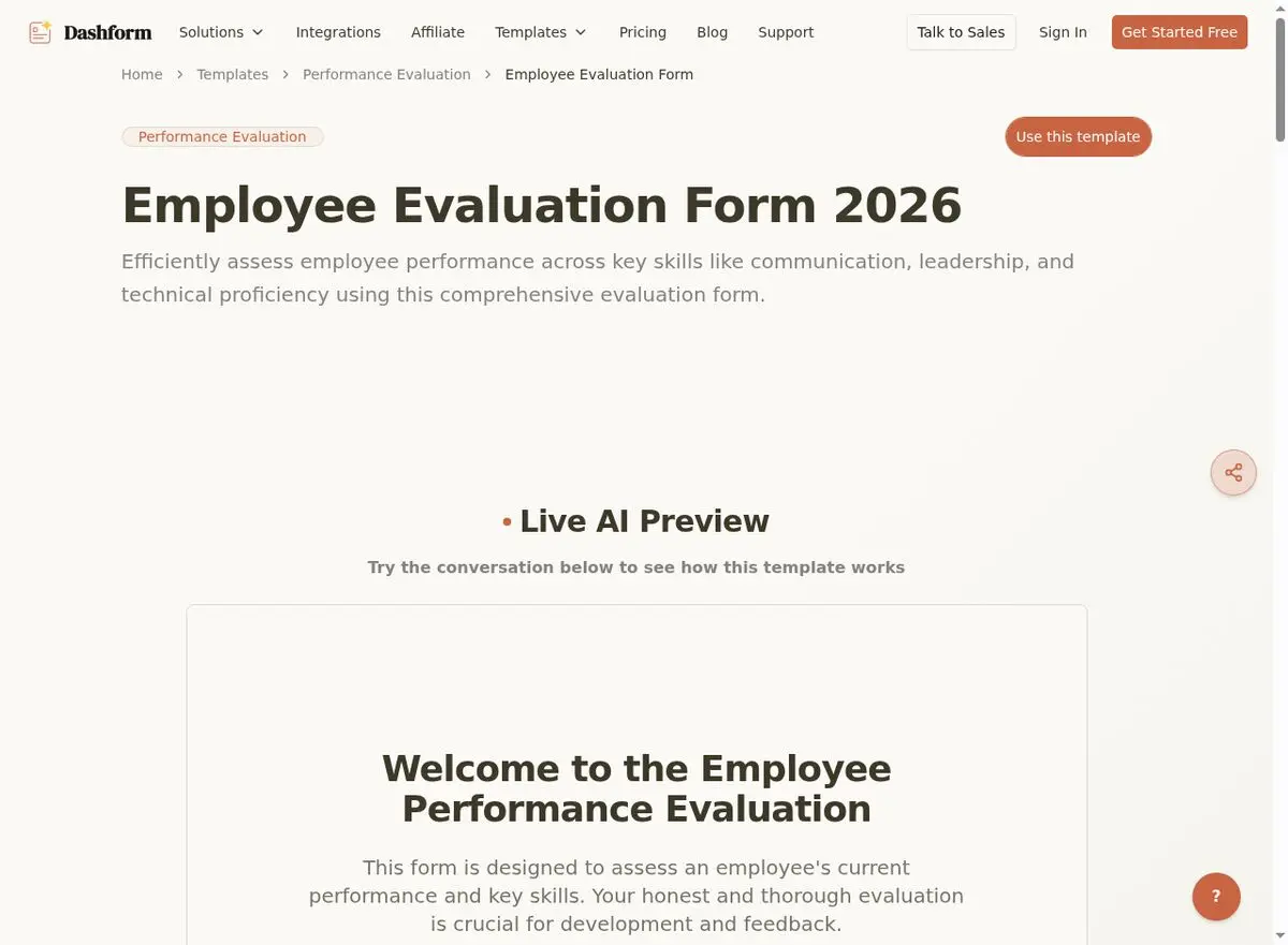 Dashform Employee Evaluation Form template page screenshot