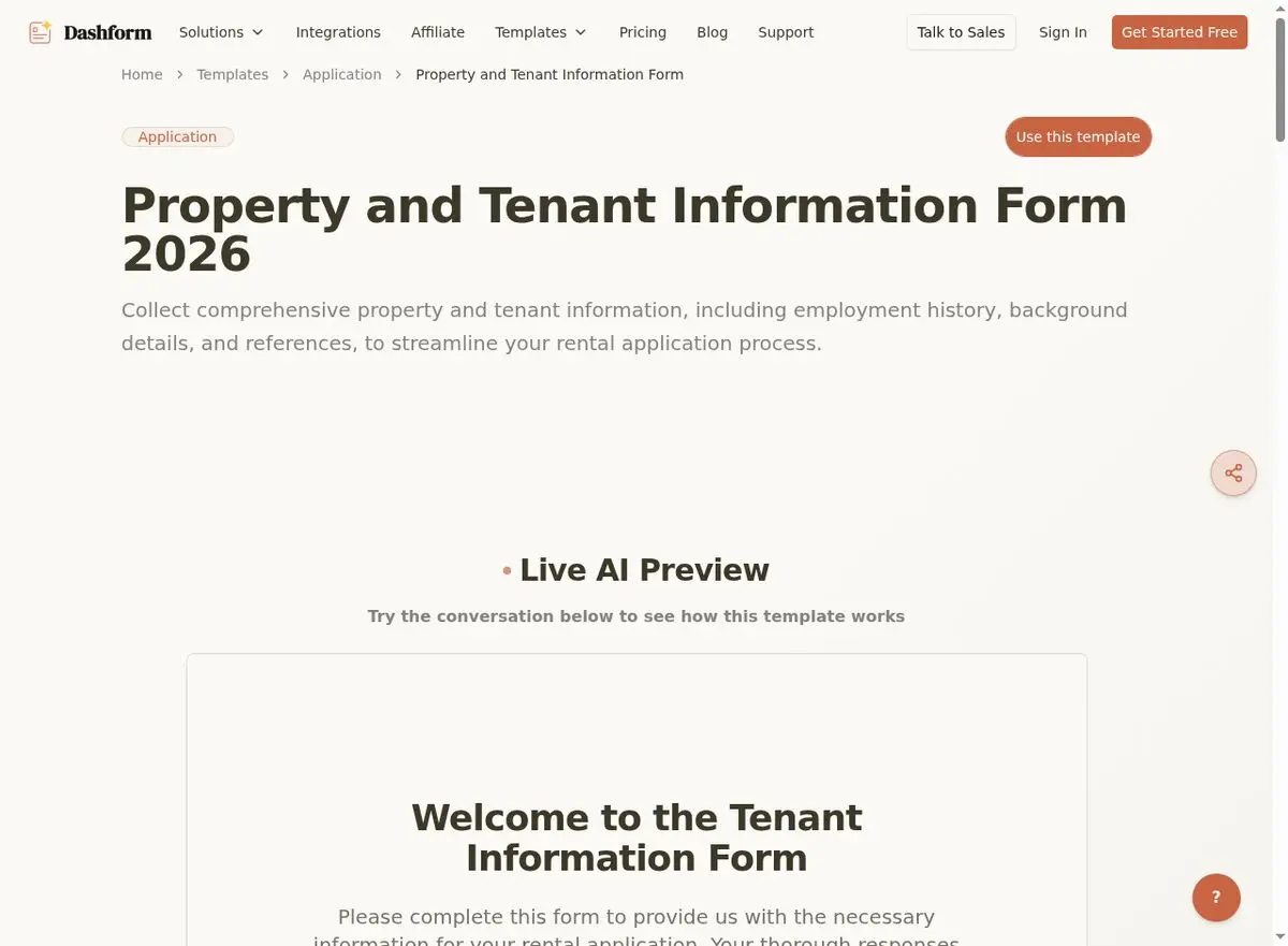 Dashform Property and Tenant Information Form template page screenshot