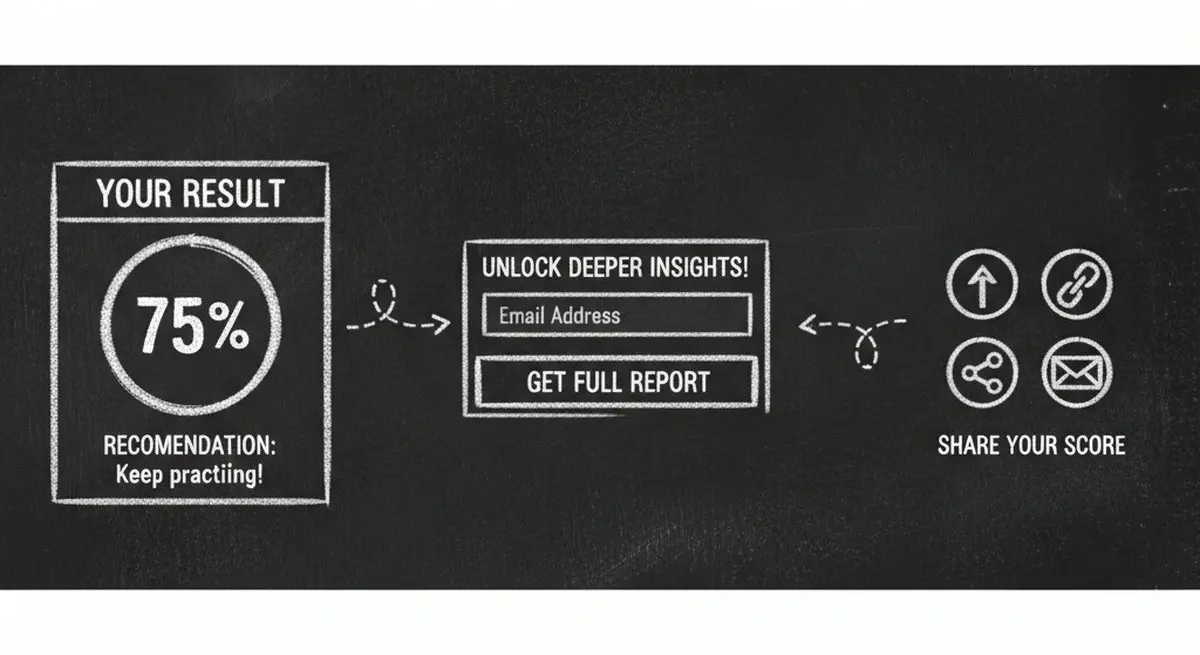 Chalkboard illustration showing quiz results page wireframe with personalized title, score display, recommendations, email capture CTA, and social sharing icons