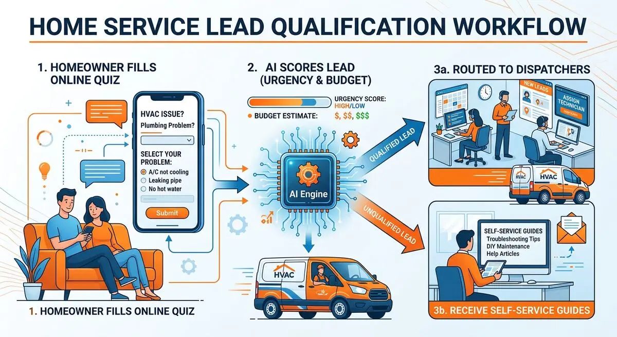 Home service lead qualification workflow showing quiz funnel scoring and routing to dispatchers or self-service