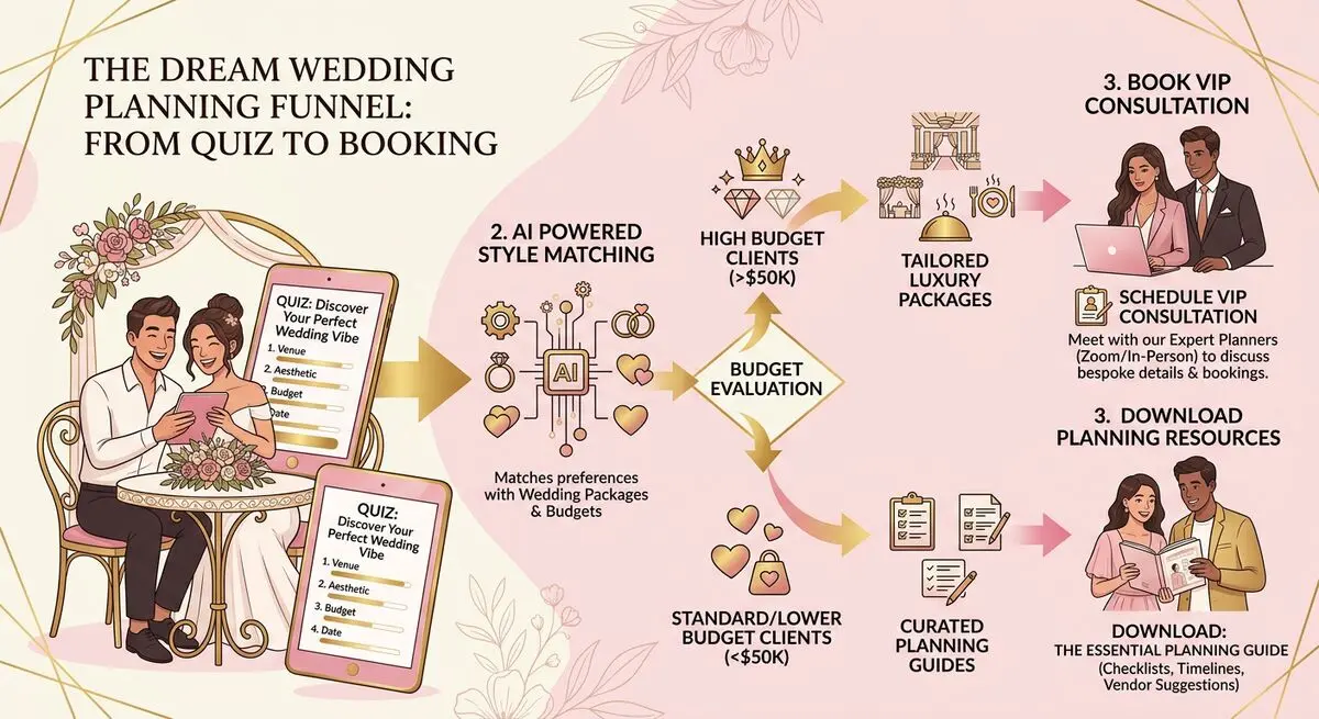 Wedding planner quiz funnel workflow showing style quiz leading to personalized recommendations and qualified consultation bookings