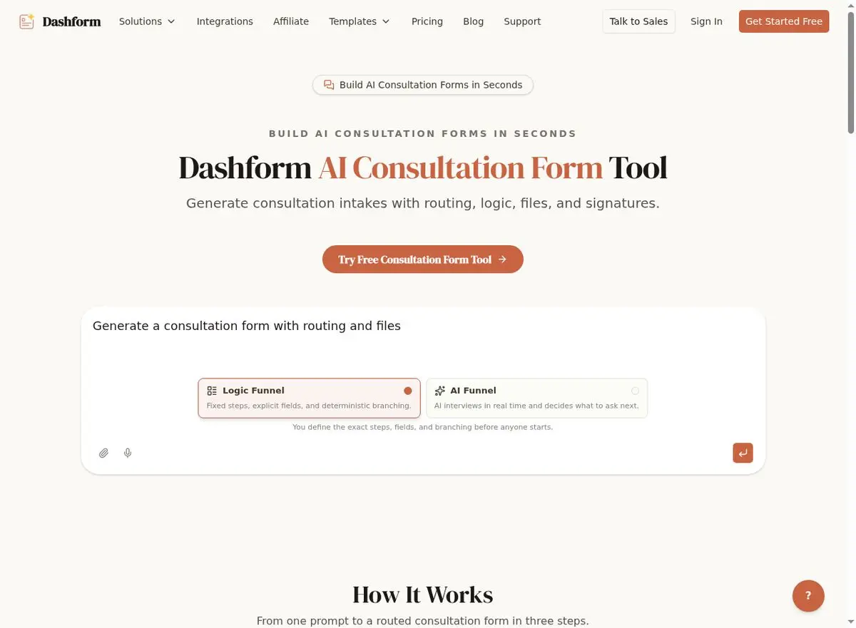 Dashform AI Consultation Form Tool for agency client intake and discovery