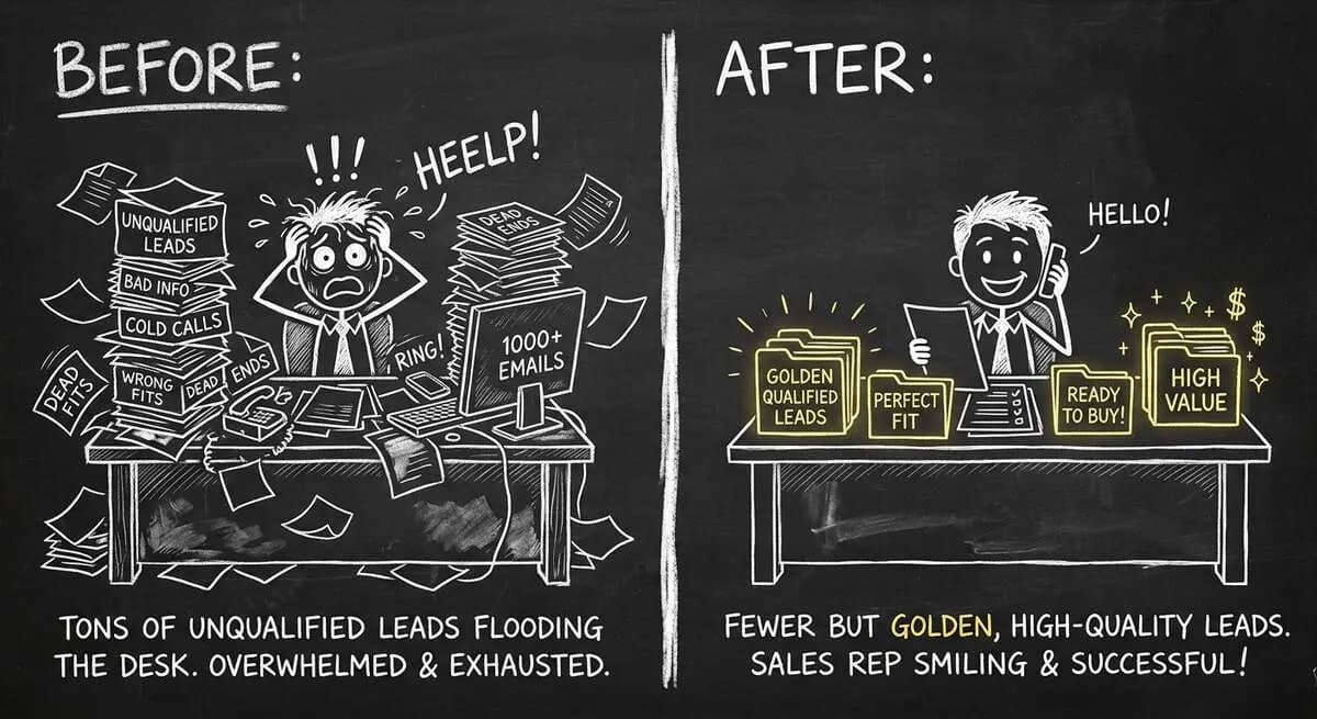 Before and after lead qualification - overwhelmed vs organized