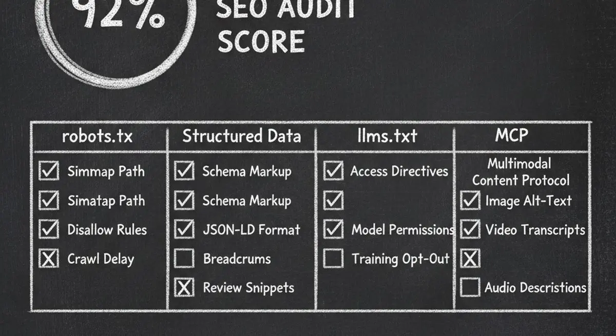 Chalkboard illustration showing AEO audit checklist with pass/fail items across robots.txt, structured data, llms.txt, and MCP categories