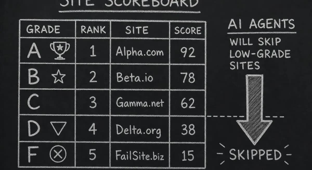 AX Audit grade bands with arrow showing AI agents skipping low-grade sites