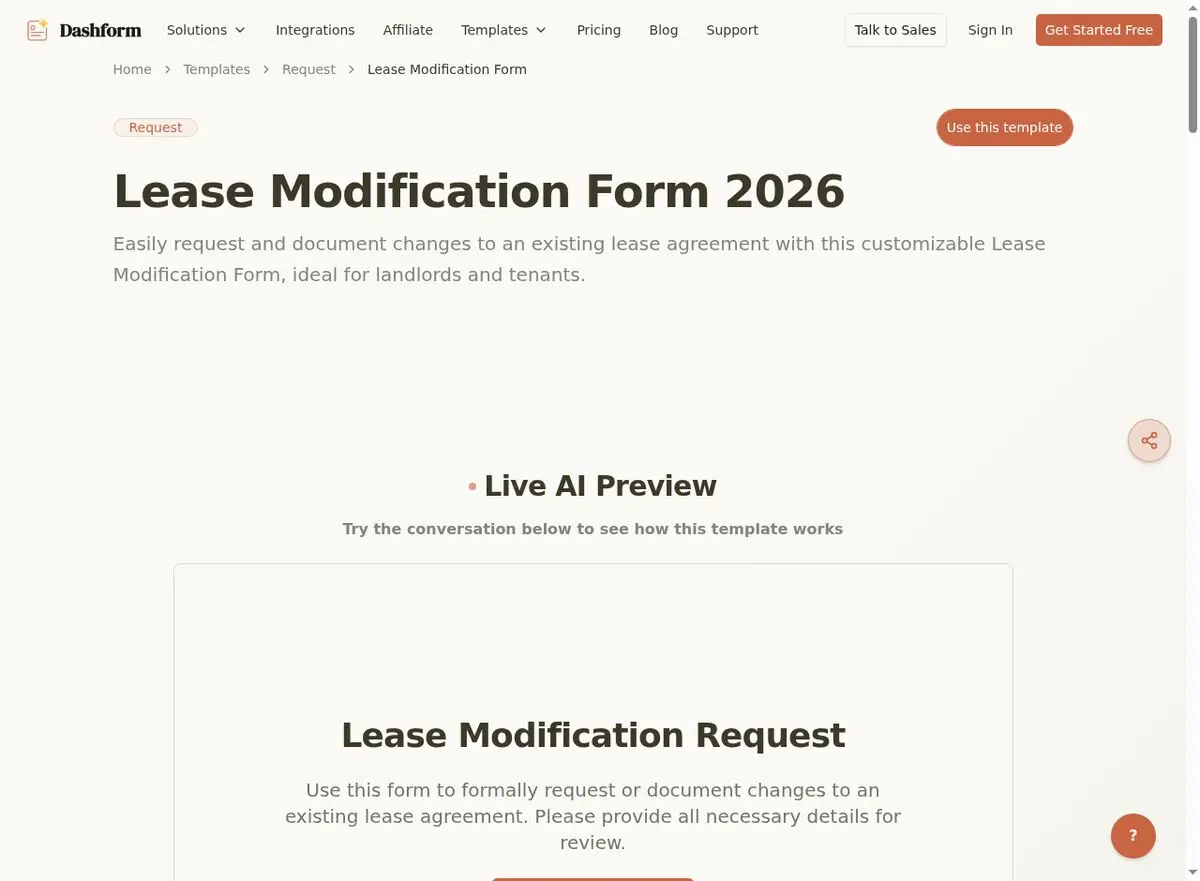 Dashform Lease Modification Form template page screenshot