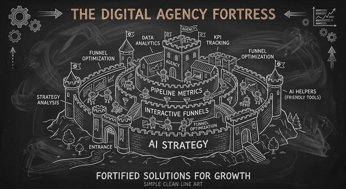 Future-proof agency as a fortified castle with AI Strategy, Interactive Funnels, and Pipeline Metrics