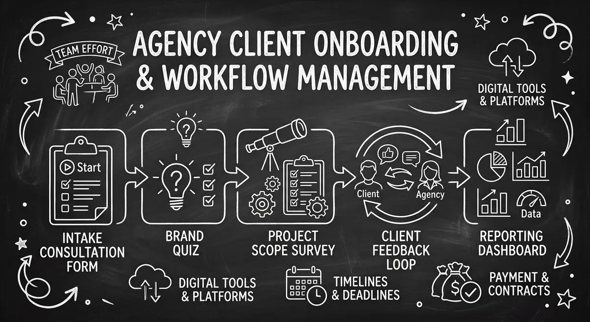 Agency client onboarding pipeline with intake form, brand quiz, project survey, and feedback loop