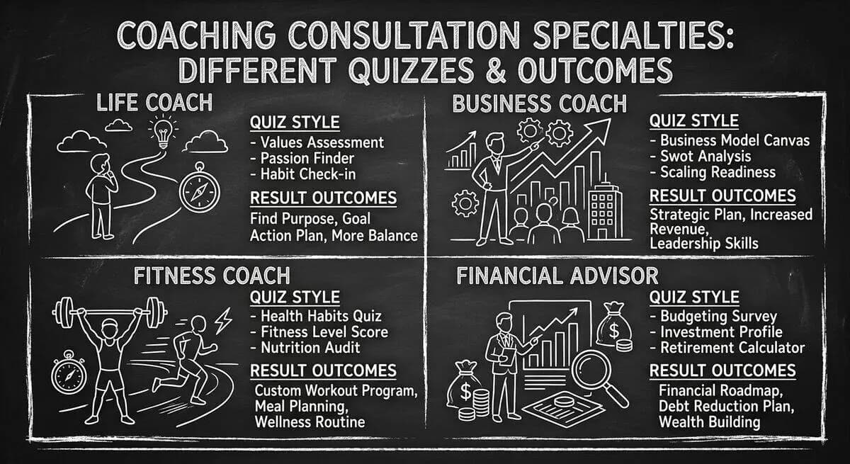 Multiple coaching specialties with tailored quiz types for life, business, fitness, and financial coaching