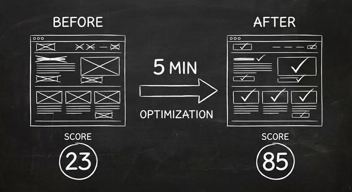 Before and after showing website AX Score improving from 23 to 85 in 5 minutes