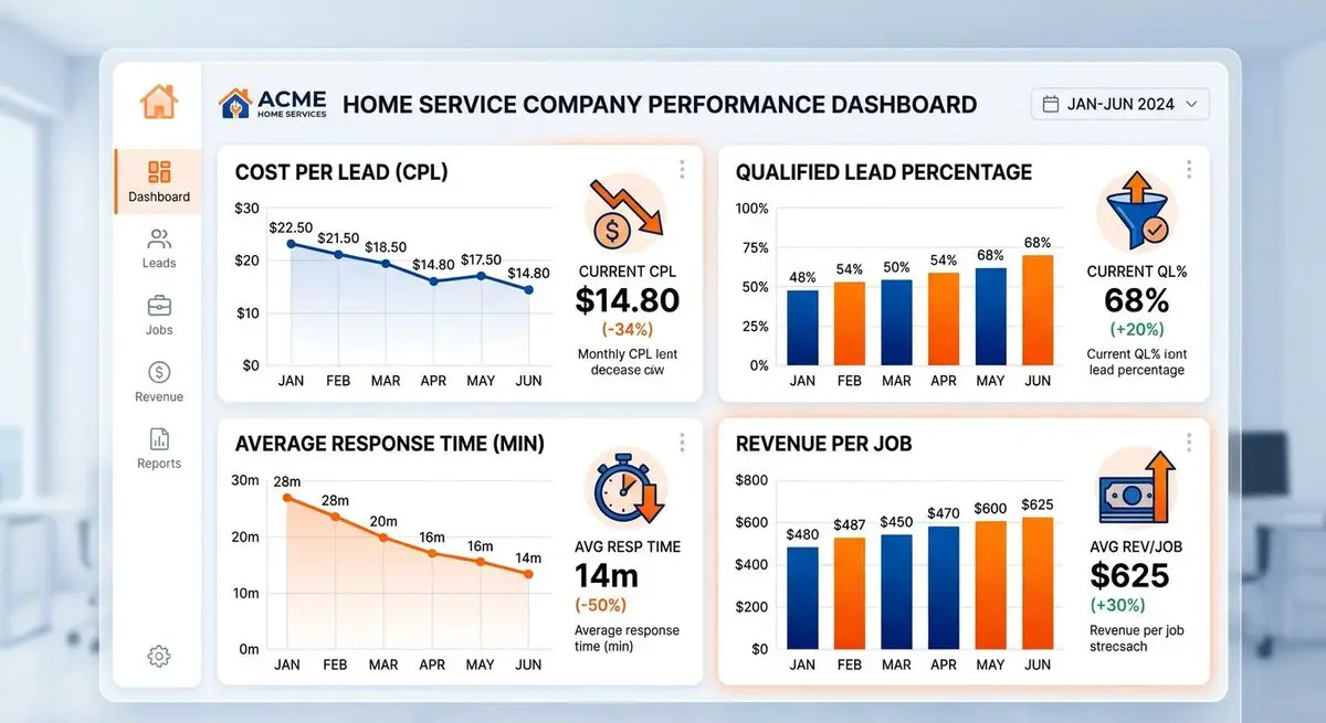 Dashboard showing home service company lead generation improvements with AI quiz funnels