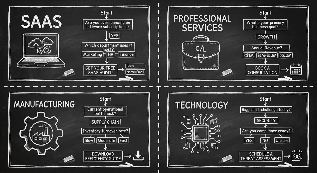 Four B2B quiz funnel use cases: SaaS, Professional Services, Manufacturing, Technology