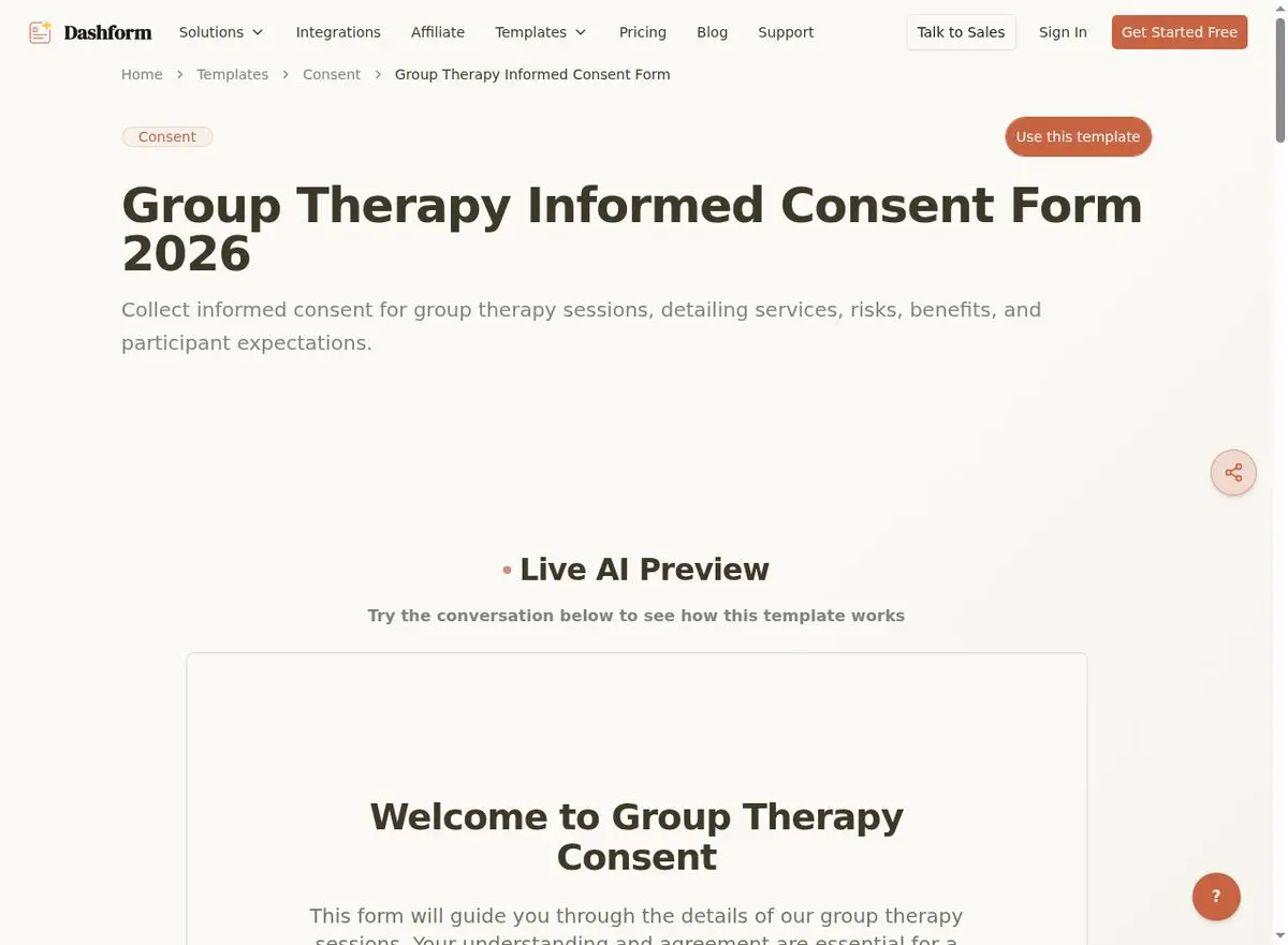 Dashform Group Therapy Informed Consent Form template page screenshot