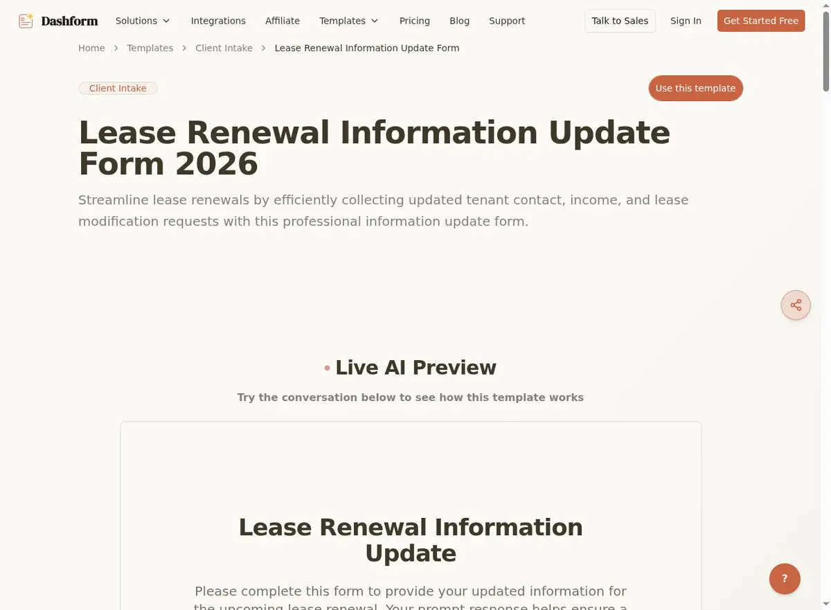 Dashform Lease Renewal Information Update Form template page screenshot