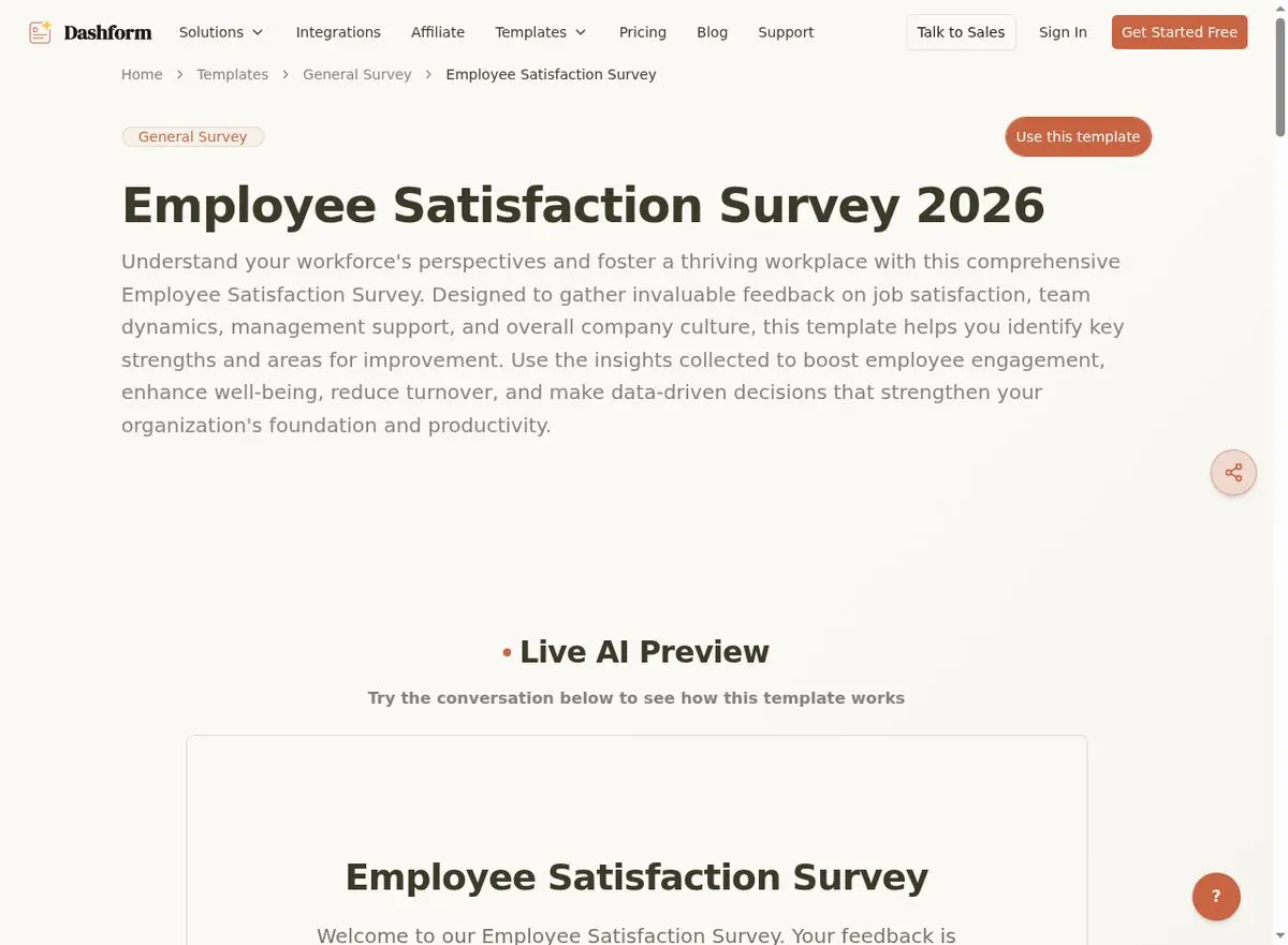 Dashform Employee Satisfaction Survey template page screenshot