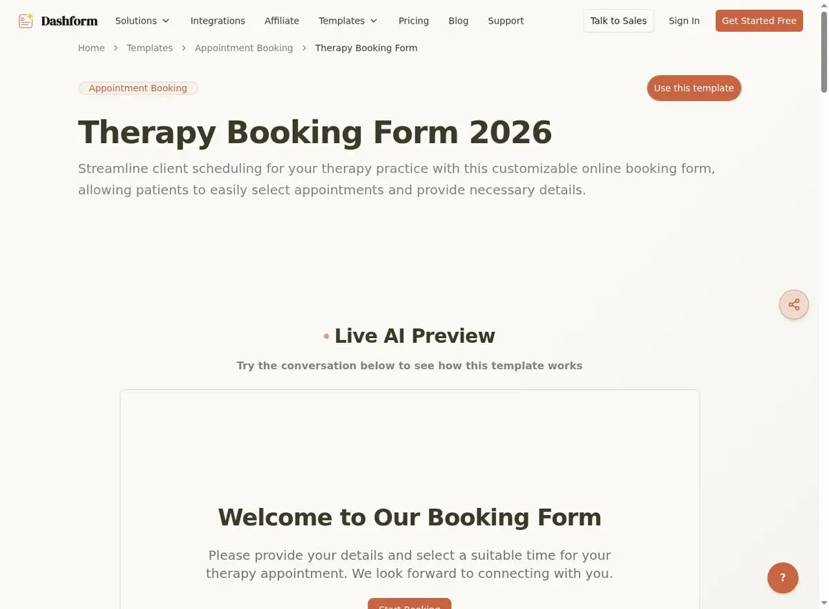 Dashform Therapy Booking Form template page screenshot