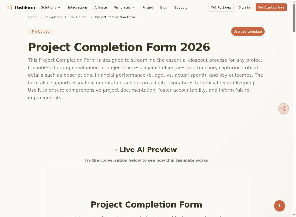 Dashform Project Completion Form template page screenshot