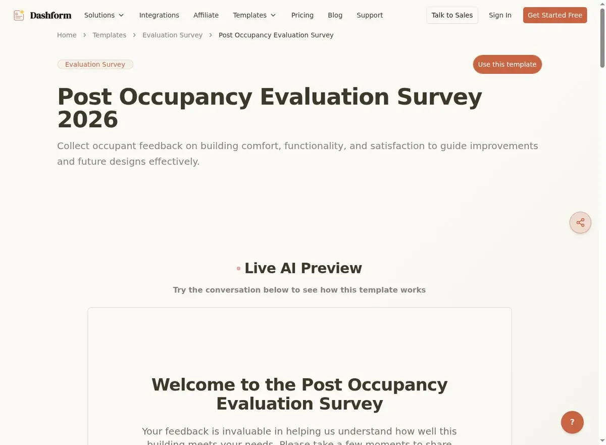 Dashform Post Occupancy Evaluation Survey template page screenshot
