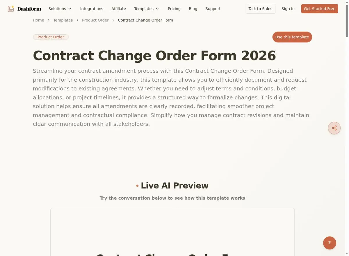 Dashform Change Order Form template page screenshot