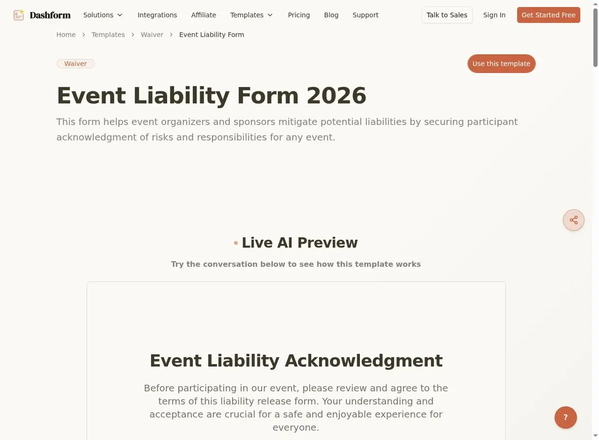 Dashform Event Liability Form template page screenshot
