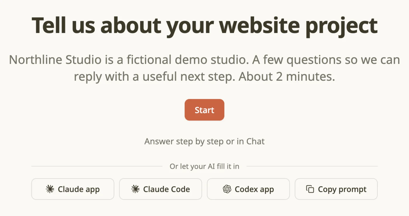 The demo form's start screen, with the Start button and the "Or let your AI fill it in" row of buttons below it