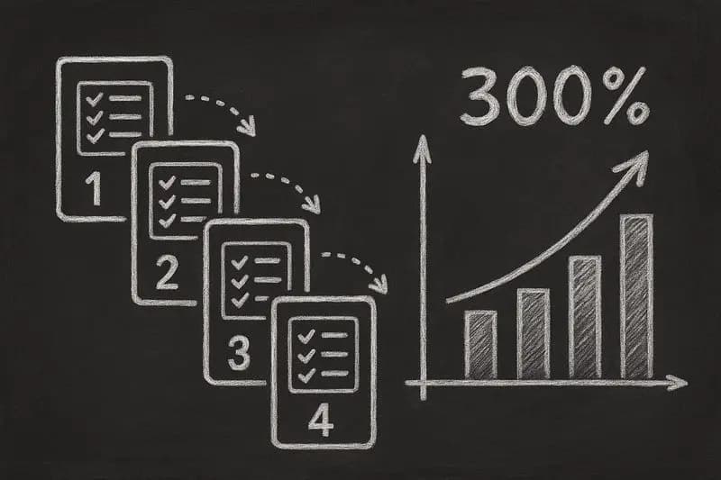 Multi-step forms conversion guide showing numbered form steps with upward trending conversion graph in chalkboard style