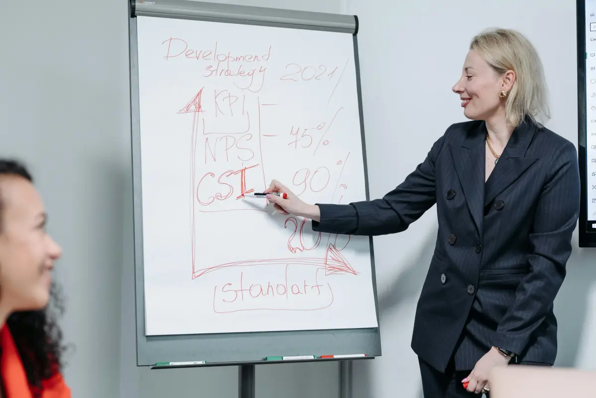A woman in a suit smiles as she explains a development strategy written on a whiteboard to another person.