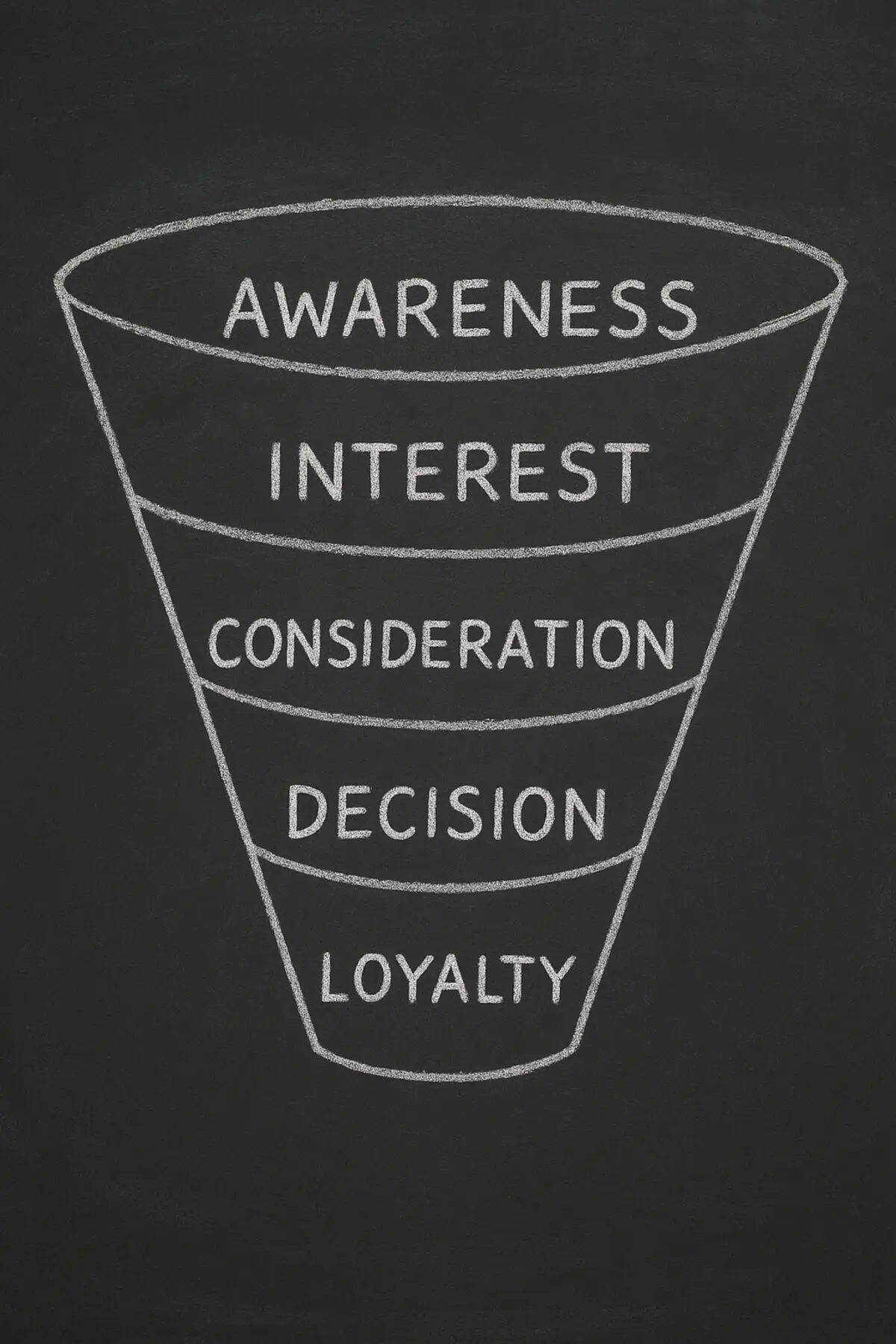 Chalkboard drawing of a sales funnel with awareness, interest, consideration, decision, and loyalty stages