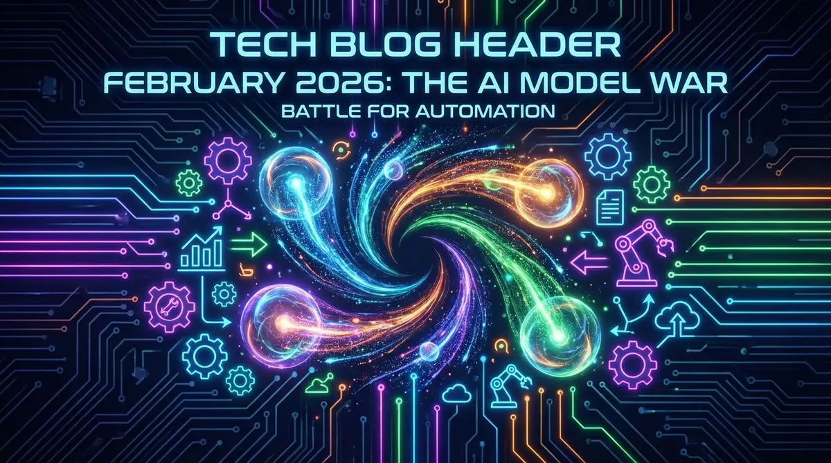 Neon illustration of four AI models swirling together over a circuit board, captioned February 2026: the AI model war