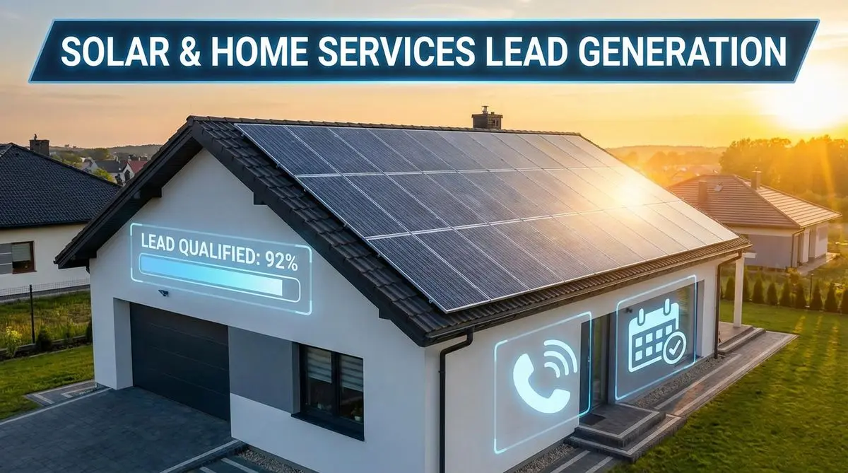 Solar-paneled house at sunset with a lead qualified progress bar and contact icons overlaid